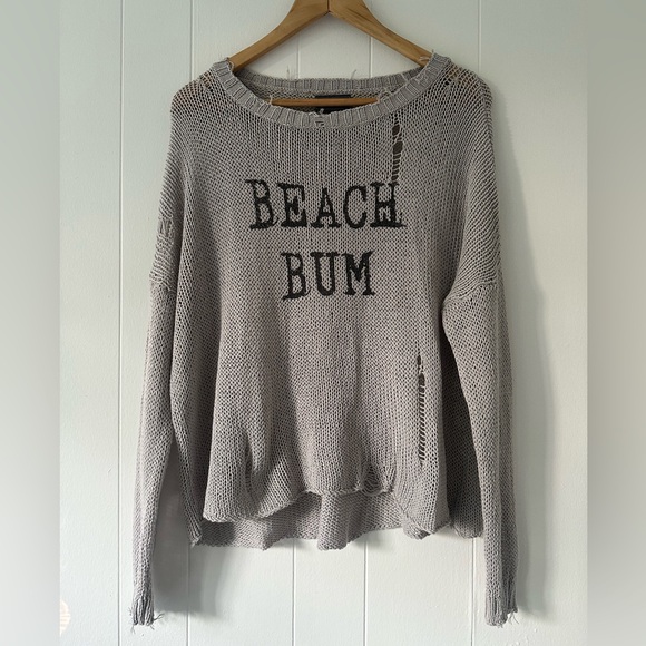Wooden Ships BEACH BUM printed distressed top sweater cotton Resort Boho - Picture 2 of 9